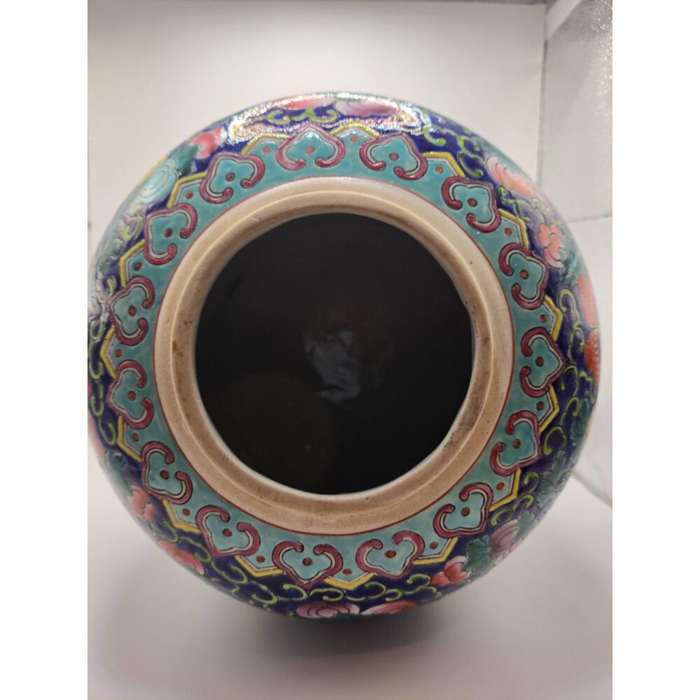 Vintage Chinese Ceramic Vase Blue Floral Butterfly Motif Multicolor Enamel Style - Picture 5 of 11